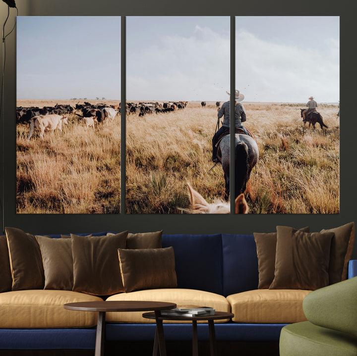 A cowboy and cowgirl on horseback herding cattle through golden grasslands, capturing a rustic and authentic Western ranch lifestyle.