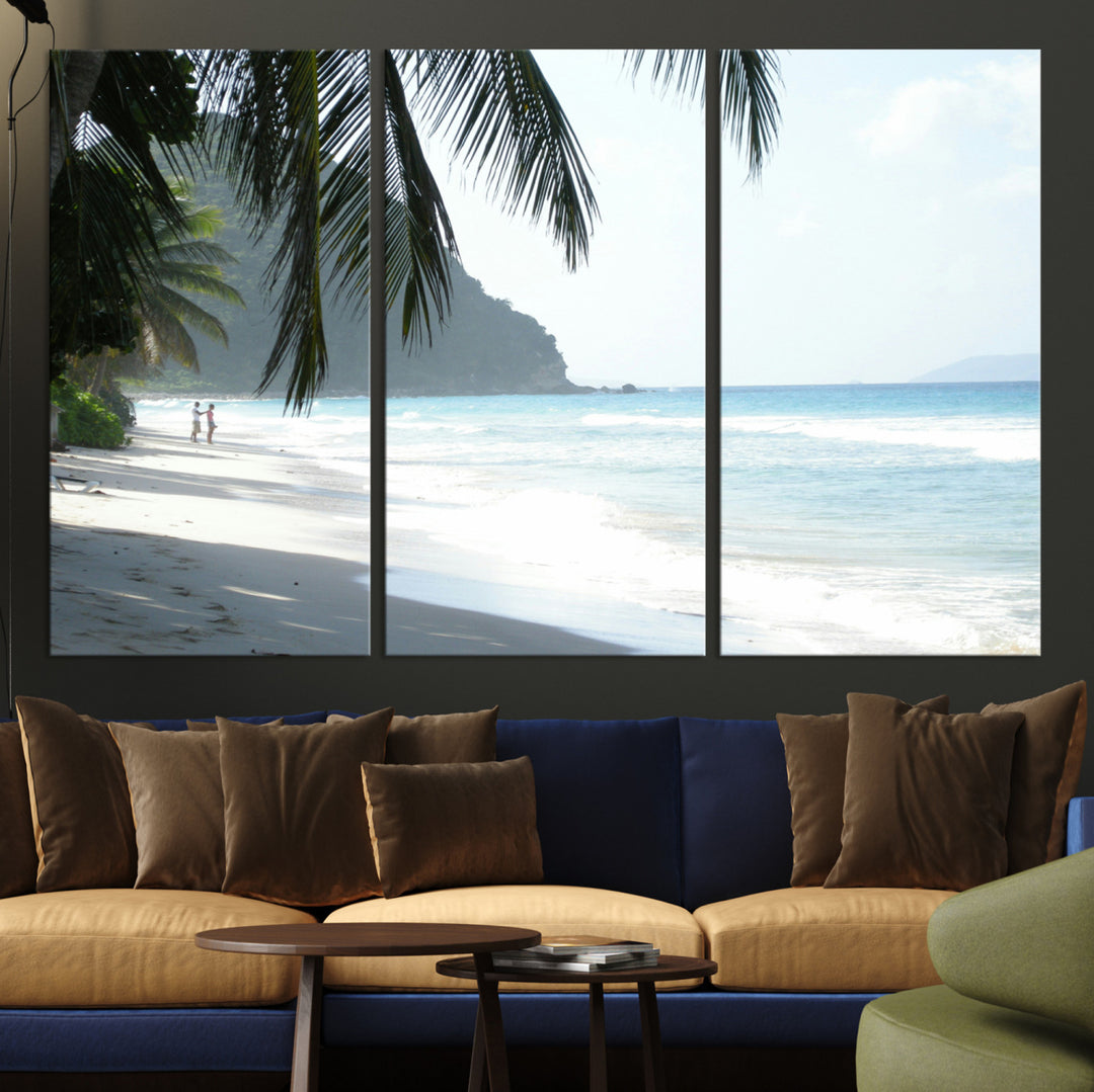 Tropical beach with palm tree shadows, white sand, and turquoise ocean waves, creating a serene and relaxing island escape atmosphere.