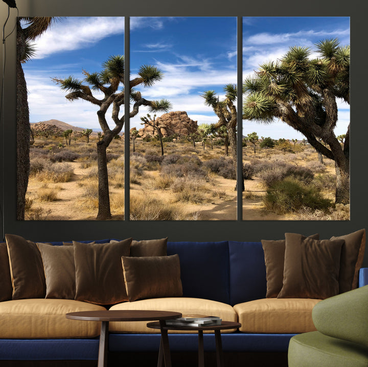 Scenic Joshua Tree landscape with rugged desert terrain, golden dry grass, and a deep blue sky, creating a warm, rustic Southwestern aesthetic.