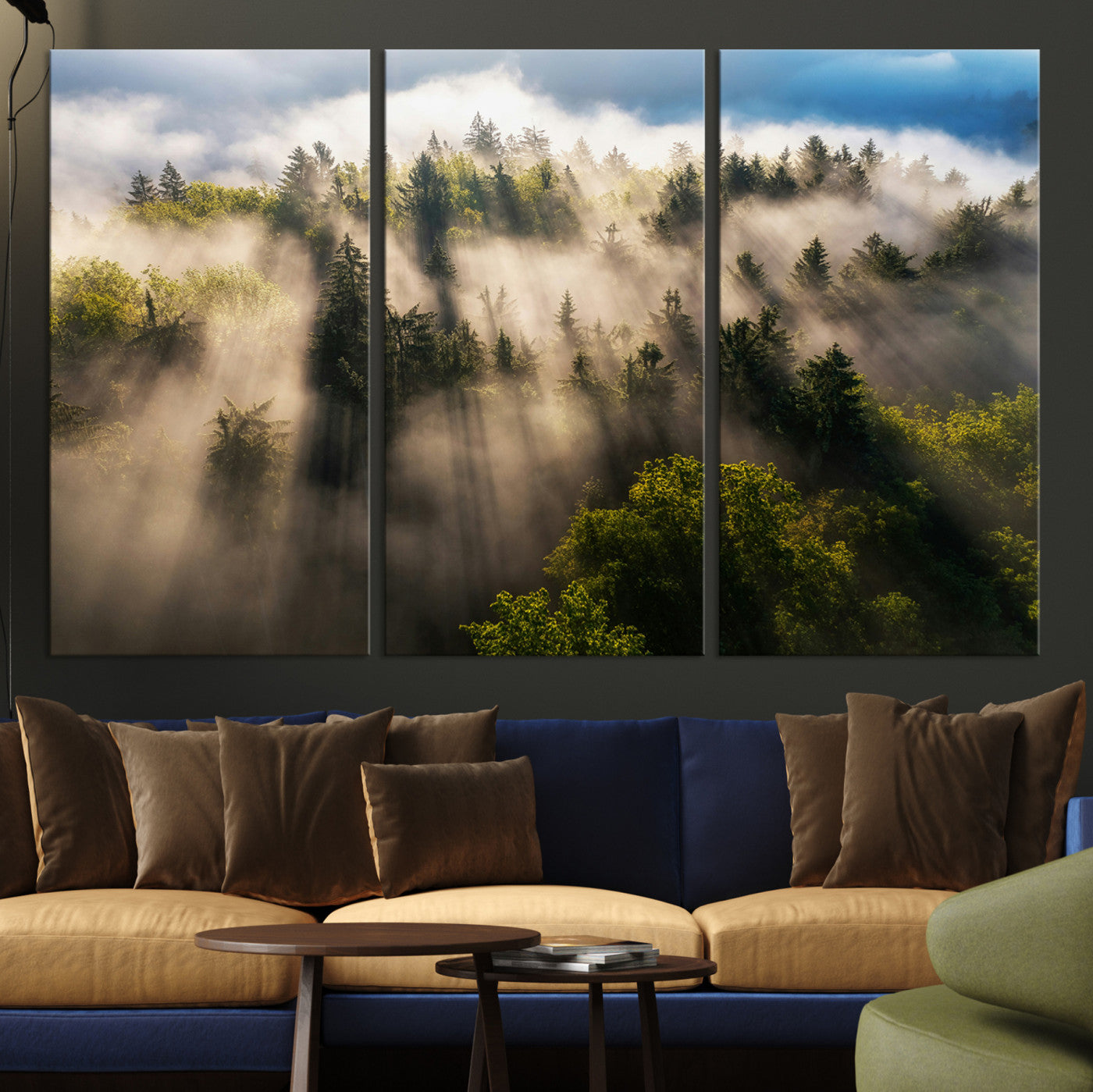 14785710-MGV-CV-36X24-Tranquil Forest Scene Wall Art Canvas Print – Framed Moody Sunbeam Through Trees Nature Artwork for Home Office