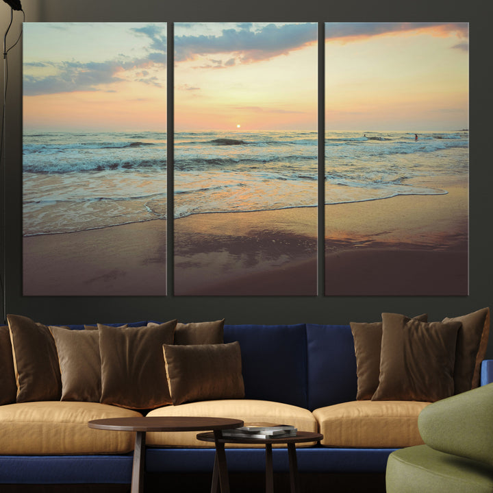 Warm sunset over gentle ocean waves with pastel sky and reflections on wet sand, creating a calm and soothing beach ambiance.