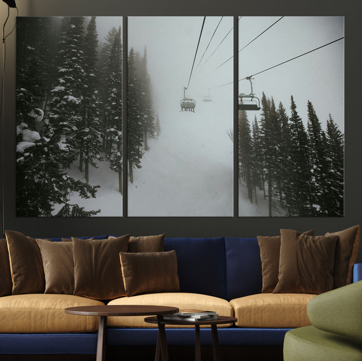 Ski Lift Wall Art Canvas Print, Framed Snowy Pines Art Picture Print, Misty Landscape Perfect Winter Serenity Decor Artwork