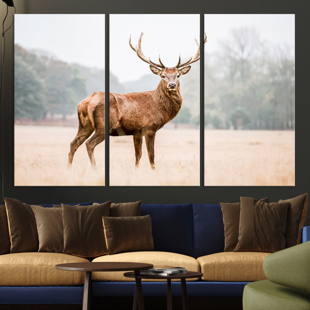 Vintage Wildlife Canvas Print, Framed Misty Landscape Art Picture Print, Deer Wall Art Perfect Rustic Wildlife Decor Artwork