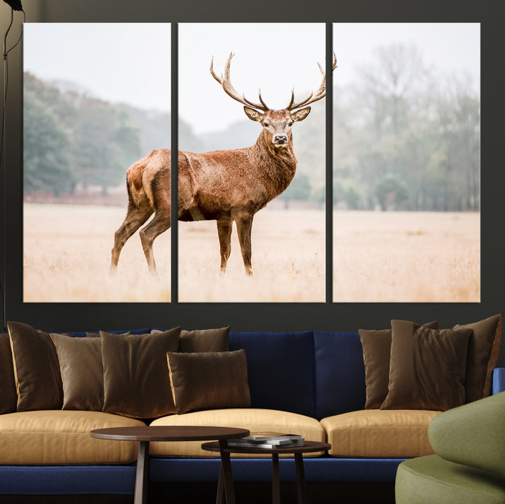 Vintage Wildlife Canvas Print, Framed Misty Landscape Art Picture Print, Deer Wall Art Perfect Rustic Wildlife Decor Artwork