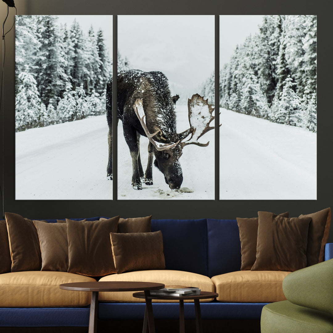 Moose in Snow Wall Art Canvas Print, Framed Winter Wildlife Art Picture Print, Snowy Forest Scene Perfect Rustic Lodge Decor Artwork