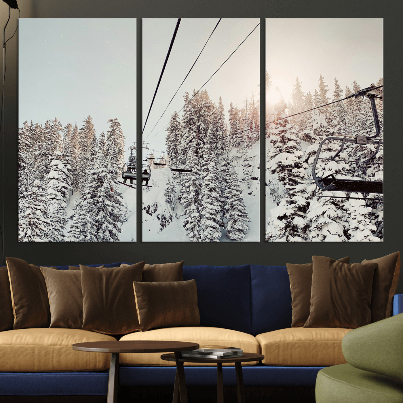 91534512-MGV-CV-36X24-Frosty Pines Wall Art Canvas Print – Framed Cozy Cabin Ski Lift Ride Winter Scene Artwork for Home Office