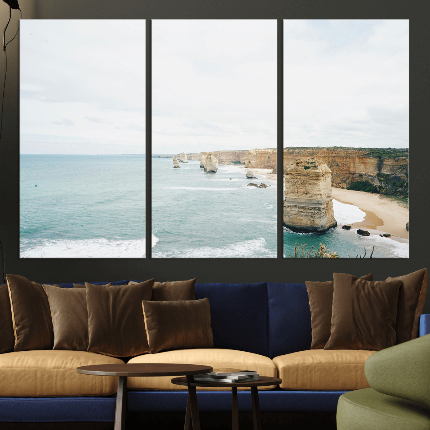 70095633-MGV-CV-48X32-3P-Twelve Apostles Wall Art Canvas Print – Framed Coastal Cliffs Rugged Rock Formations Artwork for Home Office