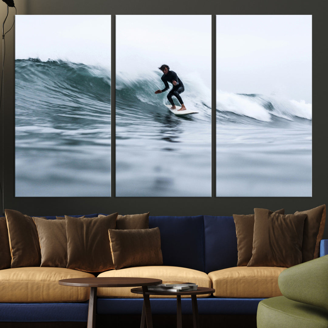 Surfer on Wave Wall Art Canvas Print, Ocean Adventure Print, Framed Motion Blur Water Art Print, Large Deep Blue Surf Printing