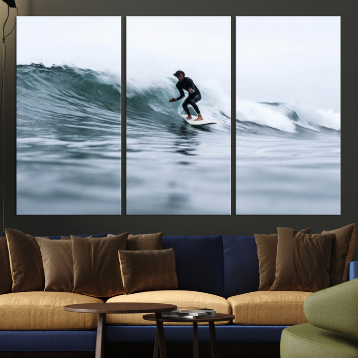 Surfer on Wave Wall Art Canvas Print, Ocean Adventure Print, Framed Motion Blur Water Art Print, Large Deep Blue Surf Printing