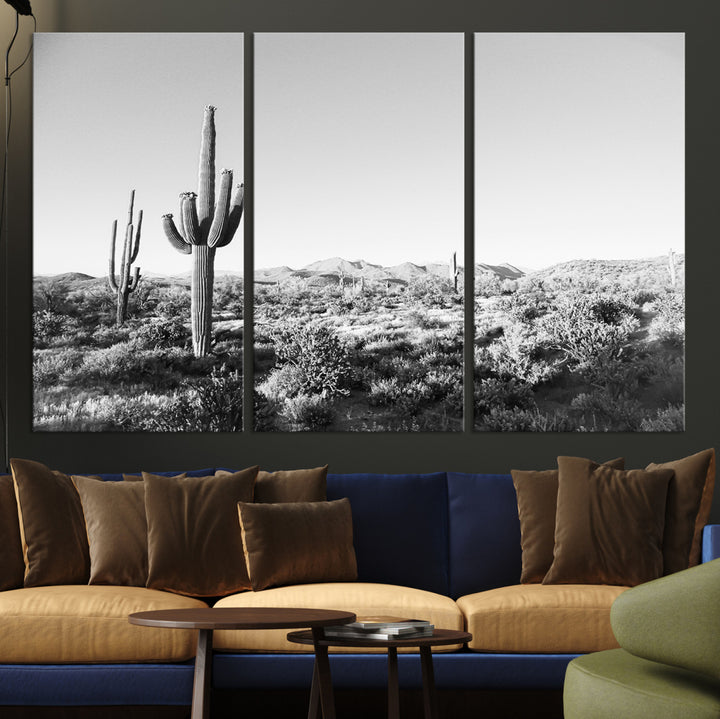 Saguaro Cactus Wall Art Canvas Print, Monochrome Landscape Print, Framed Scenic Arizona Art Print, Large Timeless Western Aesthetic Printing