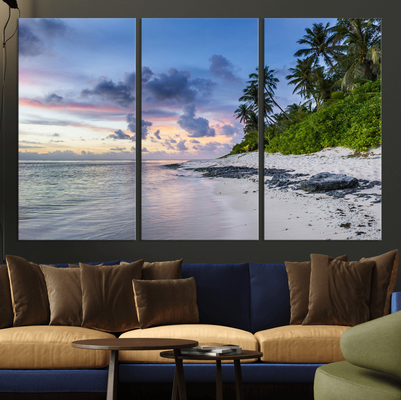 MGV-CV-48X32-3P - Tropical Beach Wall Art Canvas Print, Framed Sunset Glow Art Picture Print, Palm Tree Coast Perfect Tropical Coastal Decor Artwork