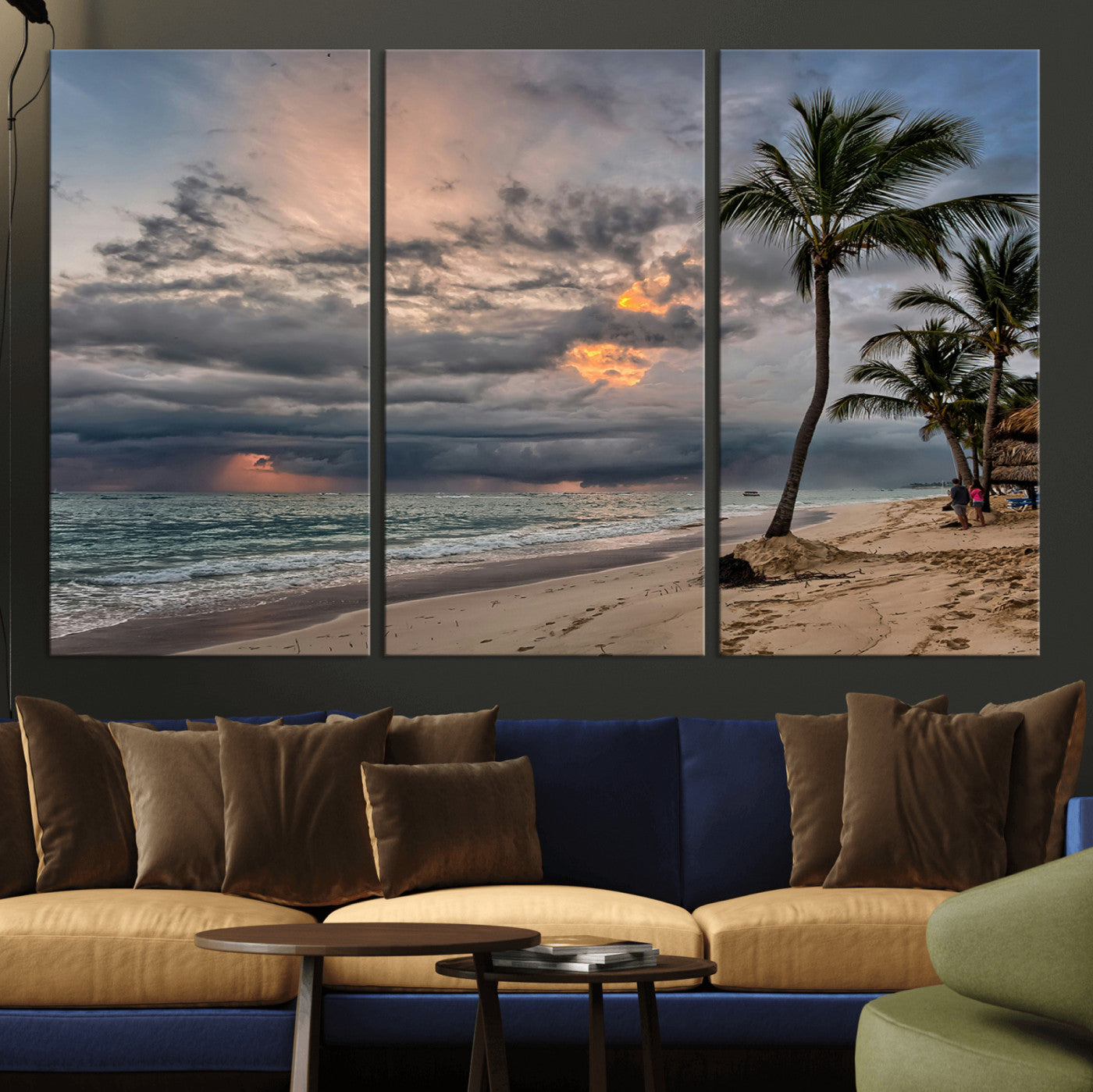MGV-CV-48X32-3P - Tropical Storm Wall Art Canvas Print, Framed Moody Beach Art Picture Print, Dramatic Sky Perfect Tropical Coastal Decor Artwork