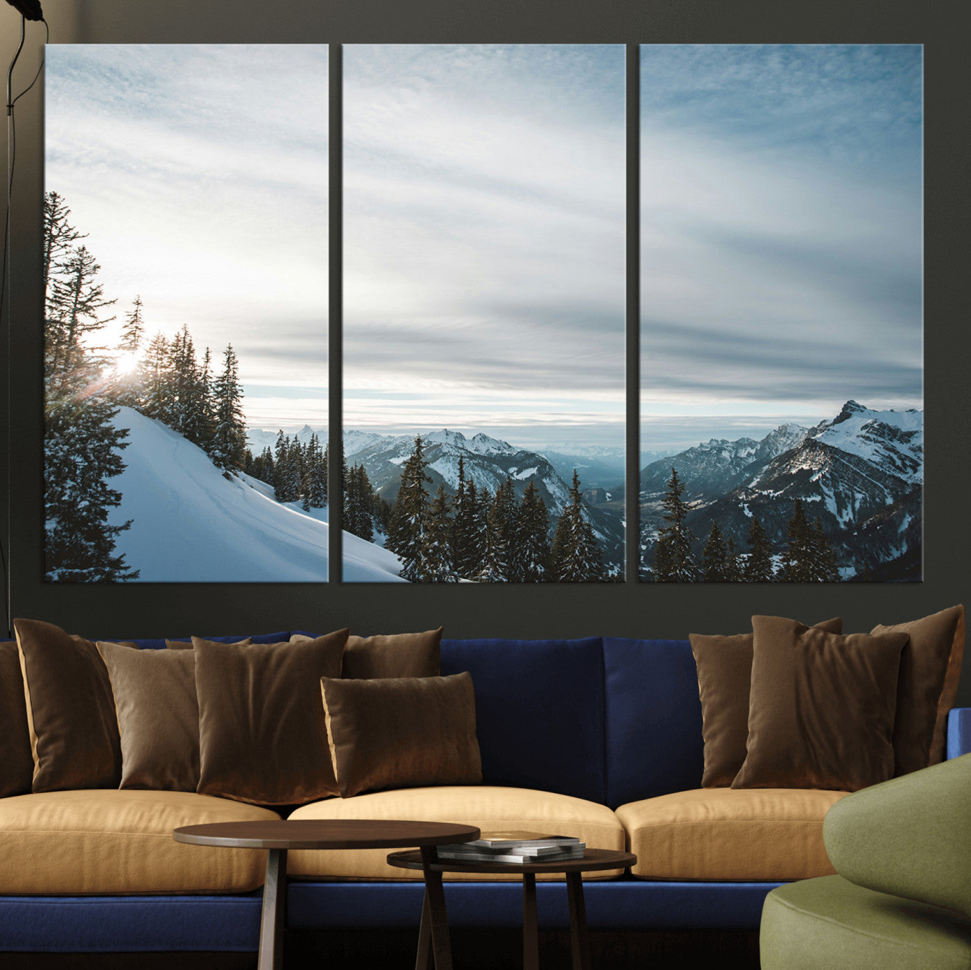 MGV-CV-48X32-3P - Snowy Mountains Wall Art Canvas Print, Framed Alpine Landscape Art Picture Print, Frosty Peaks Perfect Nordic Minimalist Decor Artwork