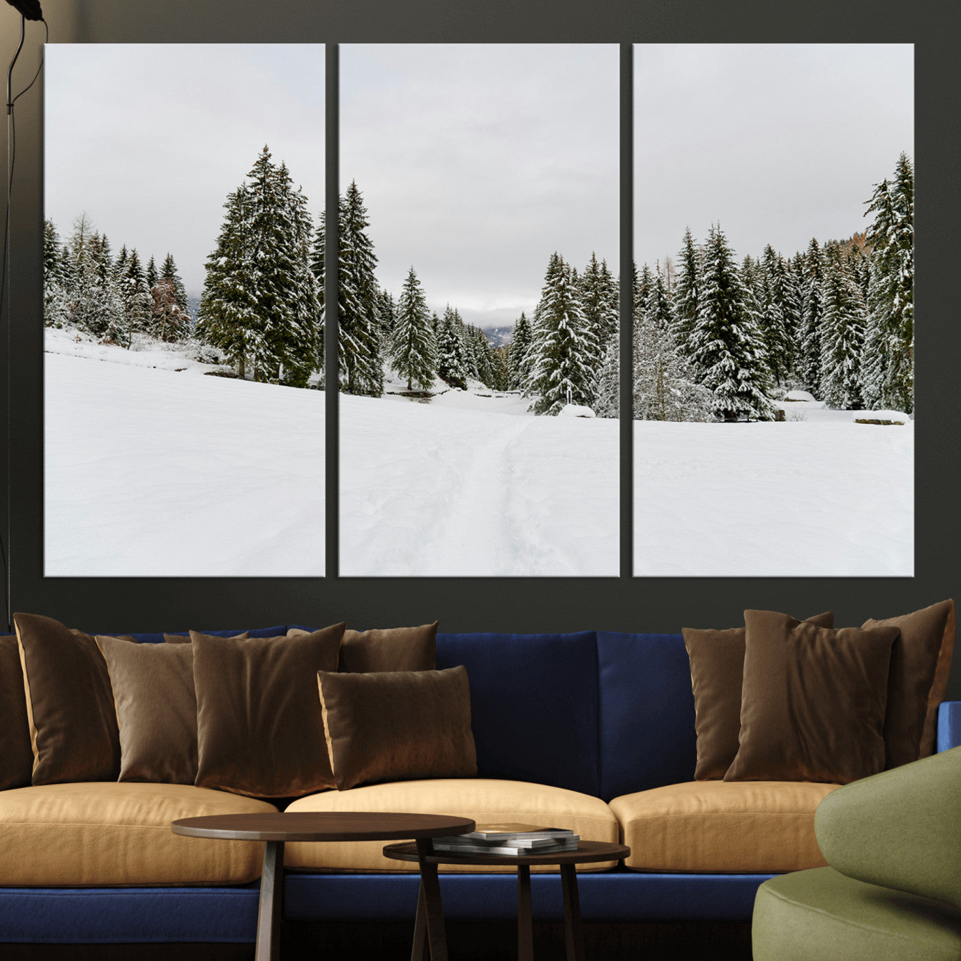 24581417-MGV-CV-36X24-Frosty Pines Wall Art Canvas Print – Framed Silent Snowfall Cozy Cabin Nordic Minimalist Winter Landscape Artwork for Home, Office