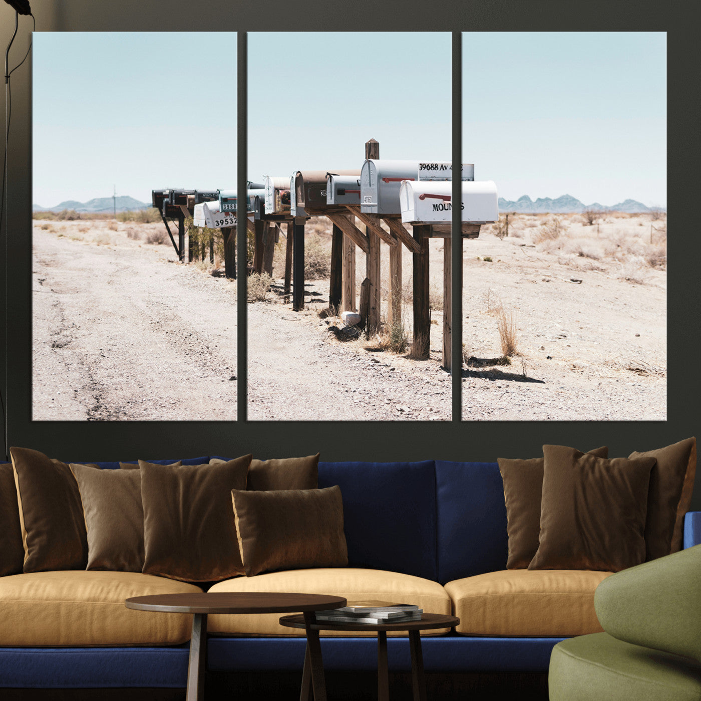 MGV-CV-48X32-3P - Desert Mailboxes Canvas Print – Minimal Western Landscape Photography, Rustic Americana Wall Art for