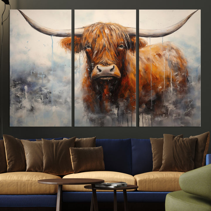 Scottish Highland Wall Art Canvas Print, Framed Longhorn Art Picture Print, Western Cow Perfect Farmhouse Decor Artwork