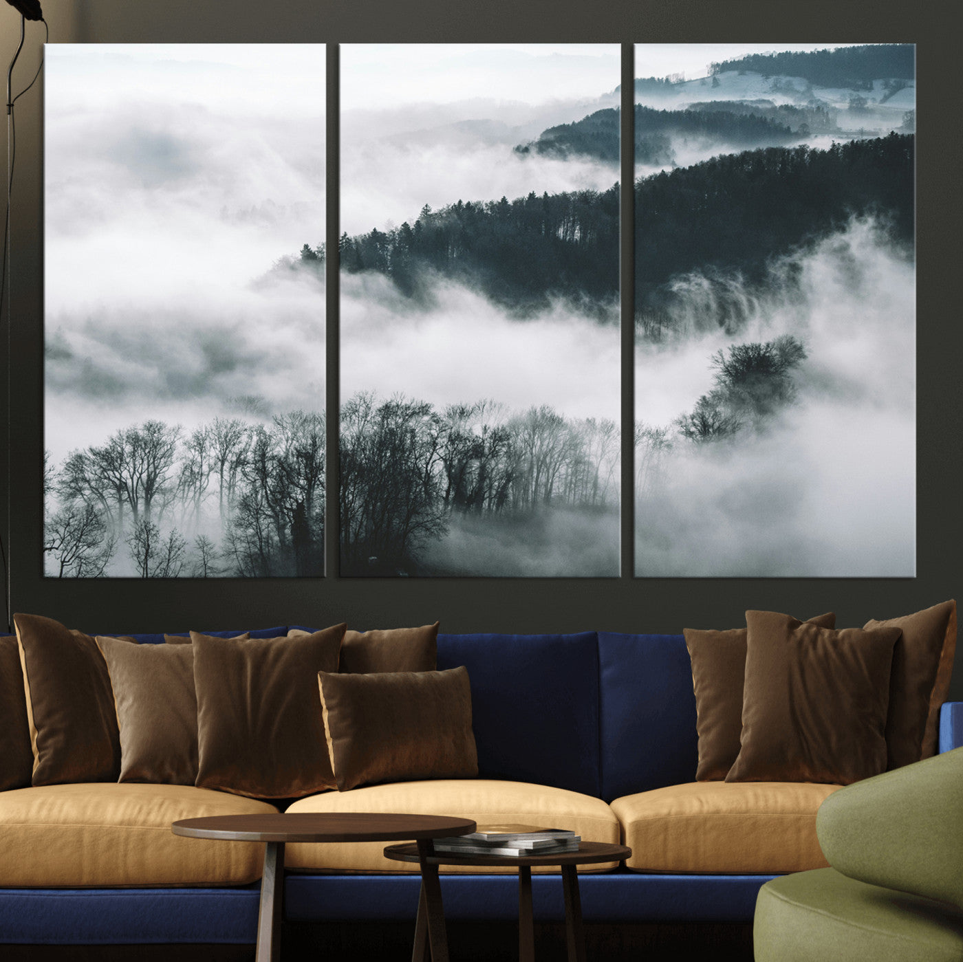 MGV-CV-48X32-3P - Foggy Forest Landscape Wall Art Canvas Print – Misty Mountain Valley Scene in Monochrome Tones,