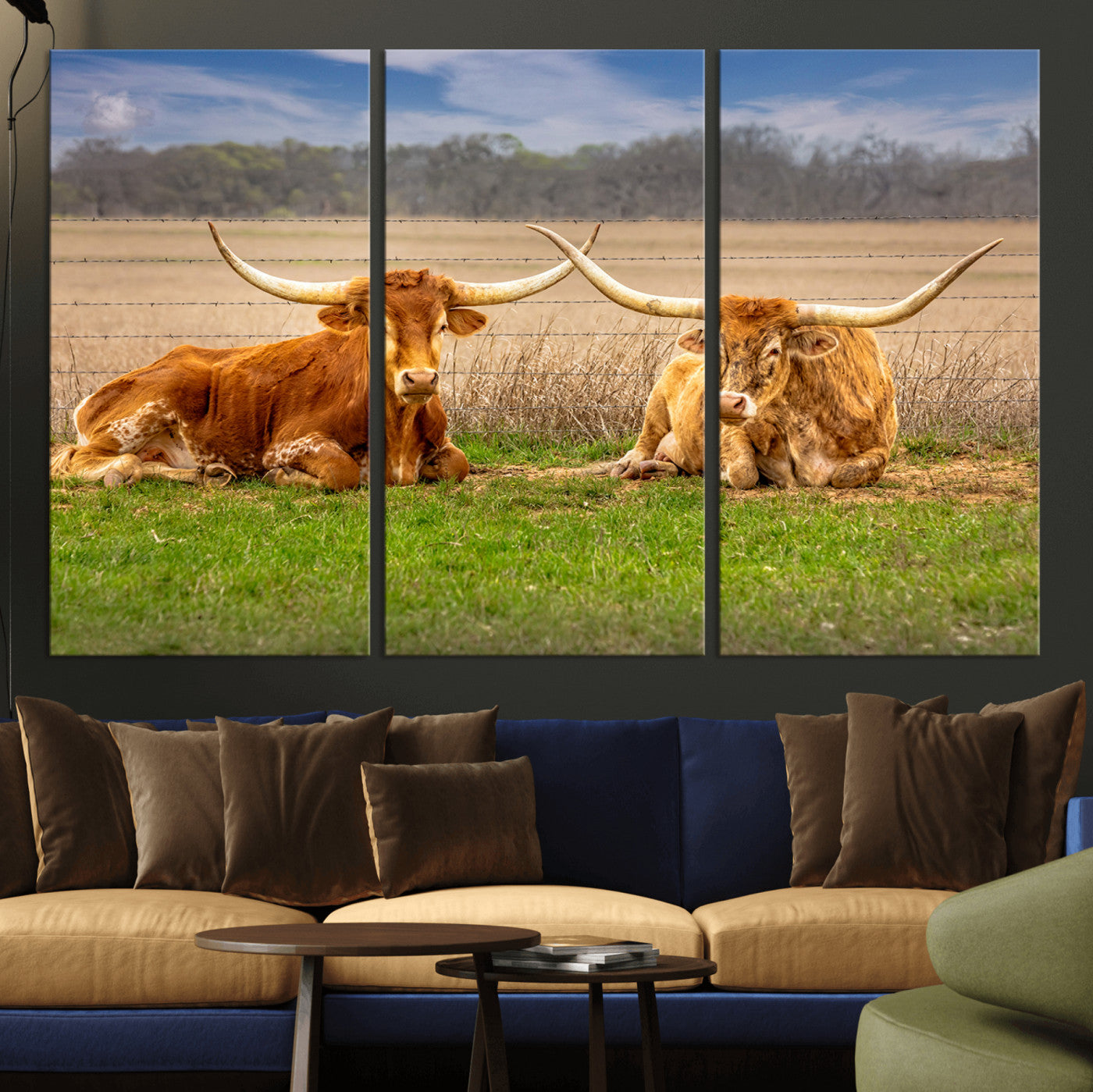 54598515-MGV-CV-36X24-Texas Longhorn Pair Wall Art Canvas Print – Peaceful Rustic Ranch Scene with Two Cattle in Field, Perfect for Western Farmhouse Home Decor