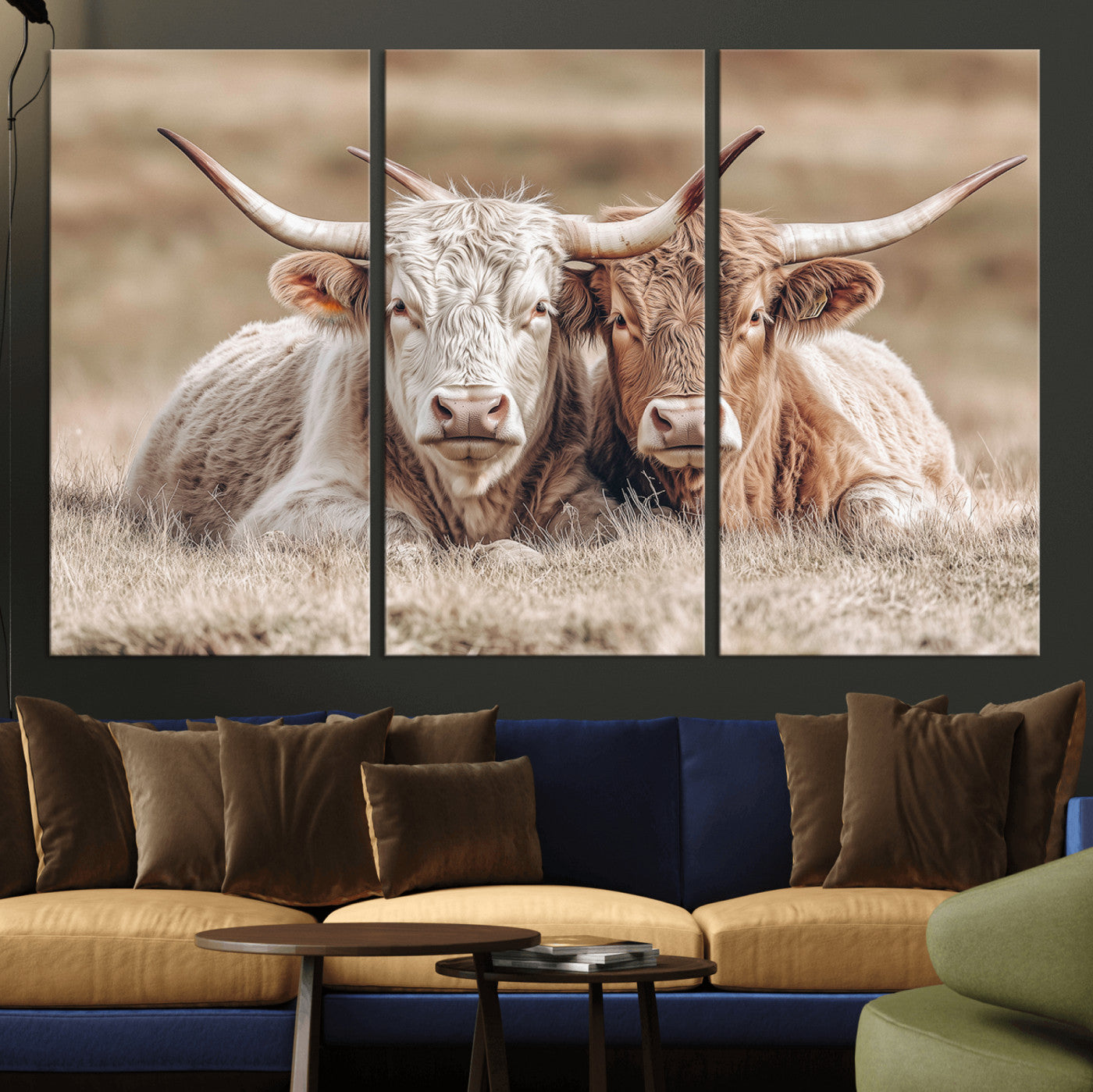 38651722-MGV-CV-36X24 - Highland Cows Meadow Canvas Wall Art – Peaceful Cow Photography Print, Rustic Farmhouse Animal Decor for Country Home, Living Room, Office