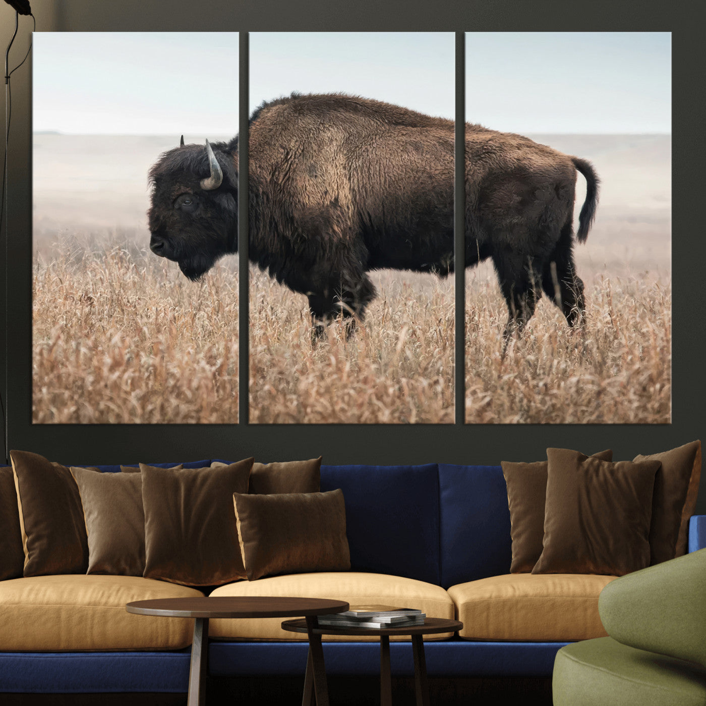 69909079-MGV-CV-36X24-American Bison Field Wall Art Canvas Print – Majestic Buffalo Grazing Wide Open Plains Wildlife Artwork for Home, Office