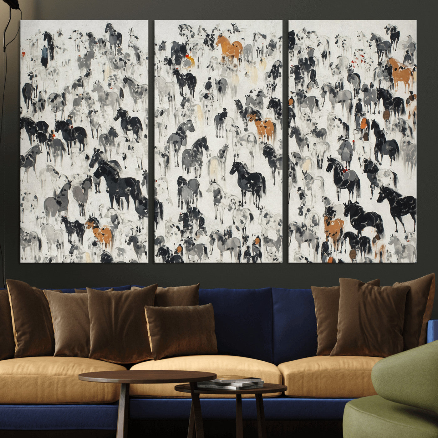 56463722-MGV-CV-36X24-Wild Horse Stampede Wall Art Canvas Print – Monochrome Running Horses Dynamic Motion Elegant Scene Artwork for Home, Office