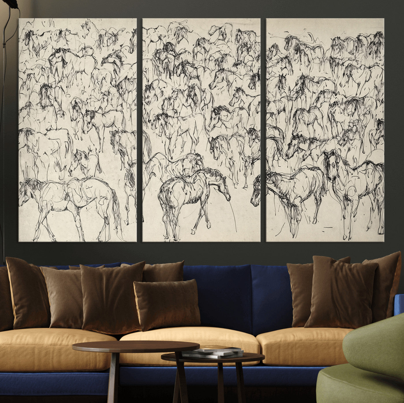 86653927-MGV-CV-36X24-Wild Horse Stampede Wall Art Canvas Print – Monochrome Running Horses Dynamic Motion Elegant Artwork for Home, Office