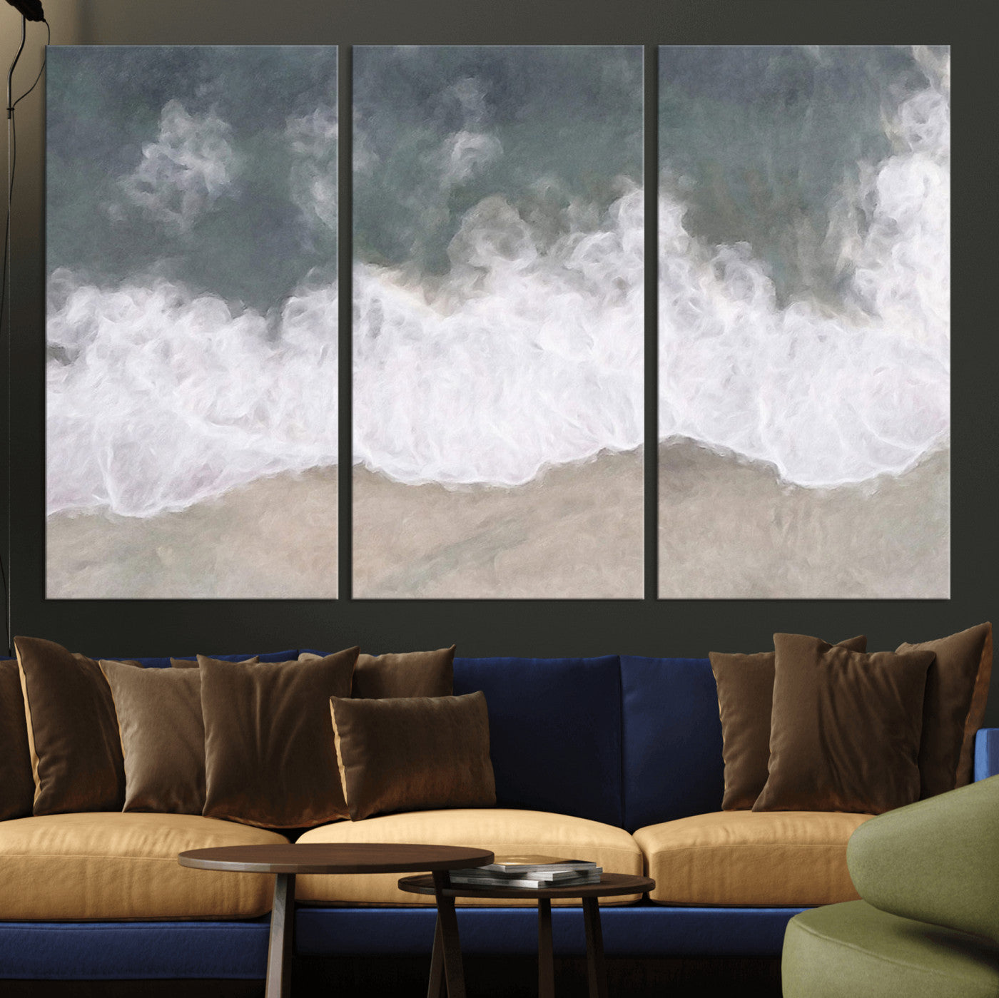 Wall art canvas print featuring foamy ocean waves softly rolling onto a sandy shore with a dreamy, painterly texture.