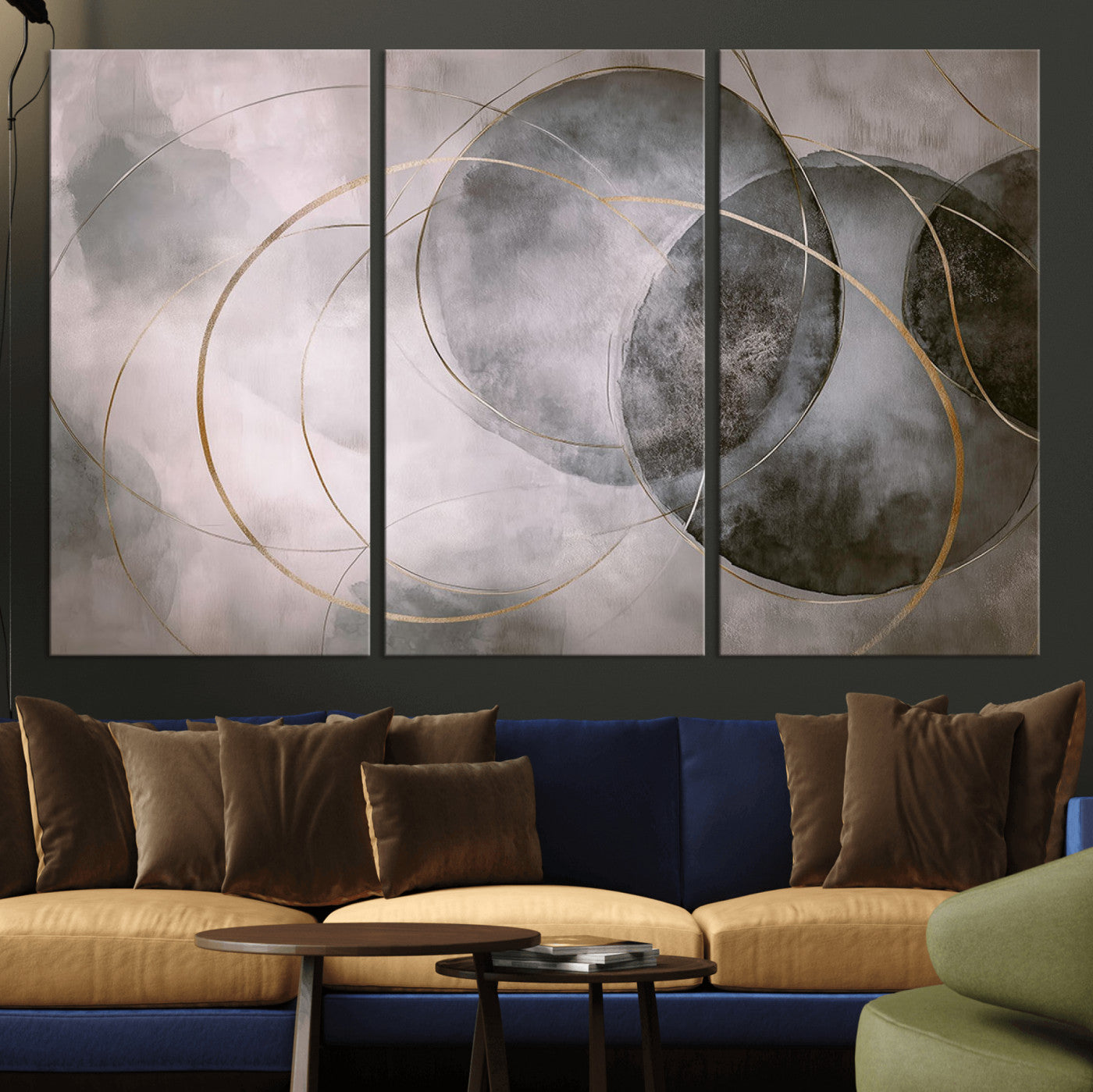 MGV-CV-48X32-3P - Wall Art Canvas Print Abstract Gray Black Gold Circles Soft Texture Modern Minimalist Artistic Home Decor Contemporary Elegant Stylish Unique