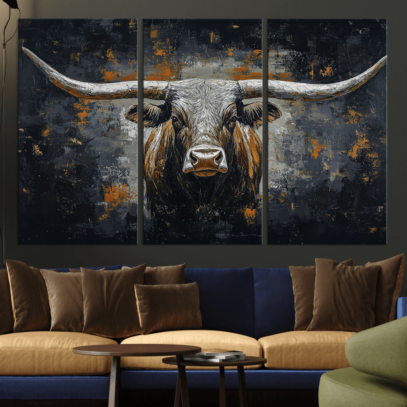 93195031-MGV-CV-36X24-Rustic Longhorn Bull Wall Art Canvas Print – Vintage Western Cattle Scene, Texas Steer Artwork for Home, Office