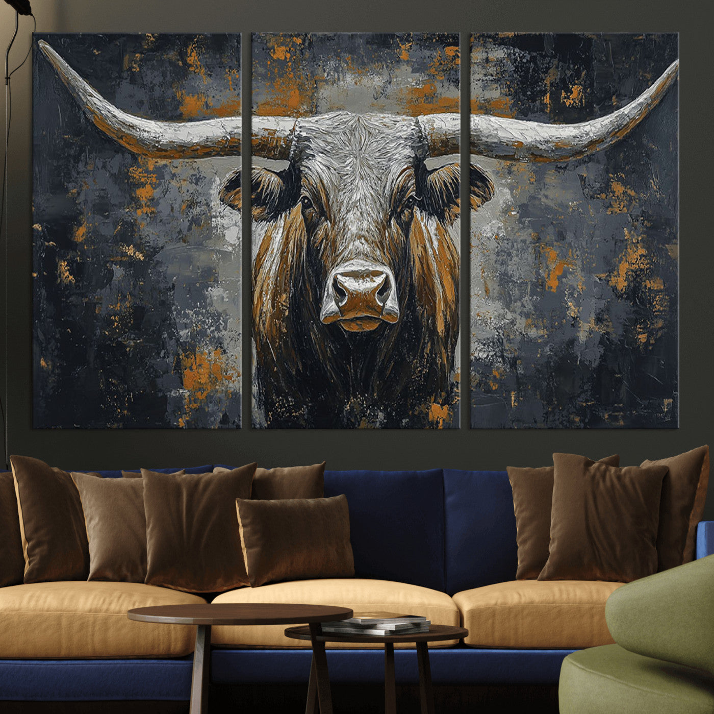 73972561-MGV-CV-36X24 - Bold Bull Wall Art Canvas – Striking Portrait with Wide Horns and Rich Brown Hues, Rustic Farmhouse and Western Decor for Home Room