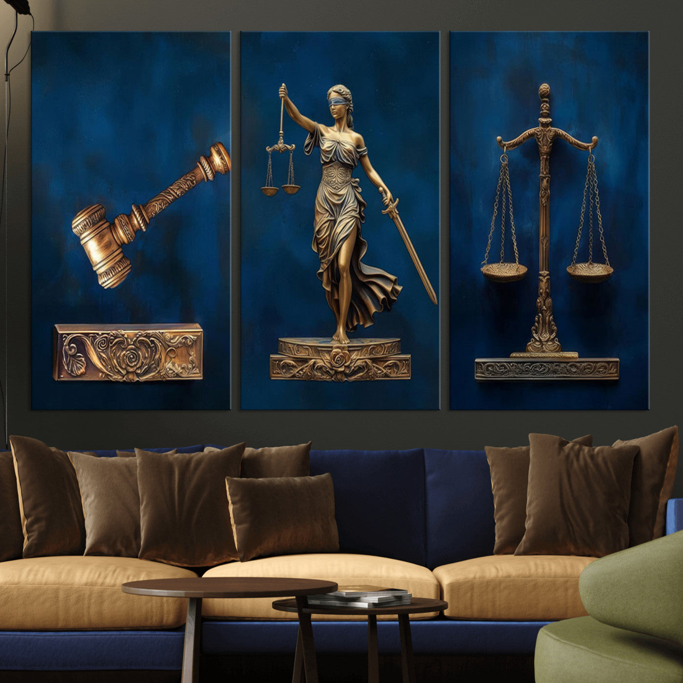 91629053-MGV-CV-36X24-Lady Justice Wall Art Canvas Print – Elegant Gold Legal Symbols Blue Background Artwork for Home, Office, Living Room