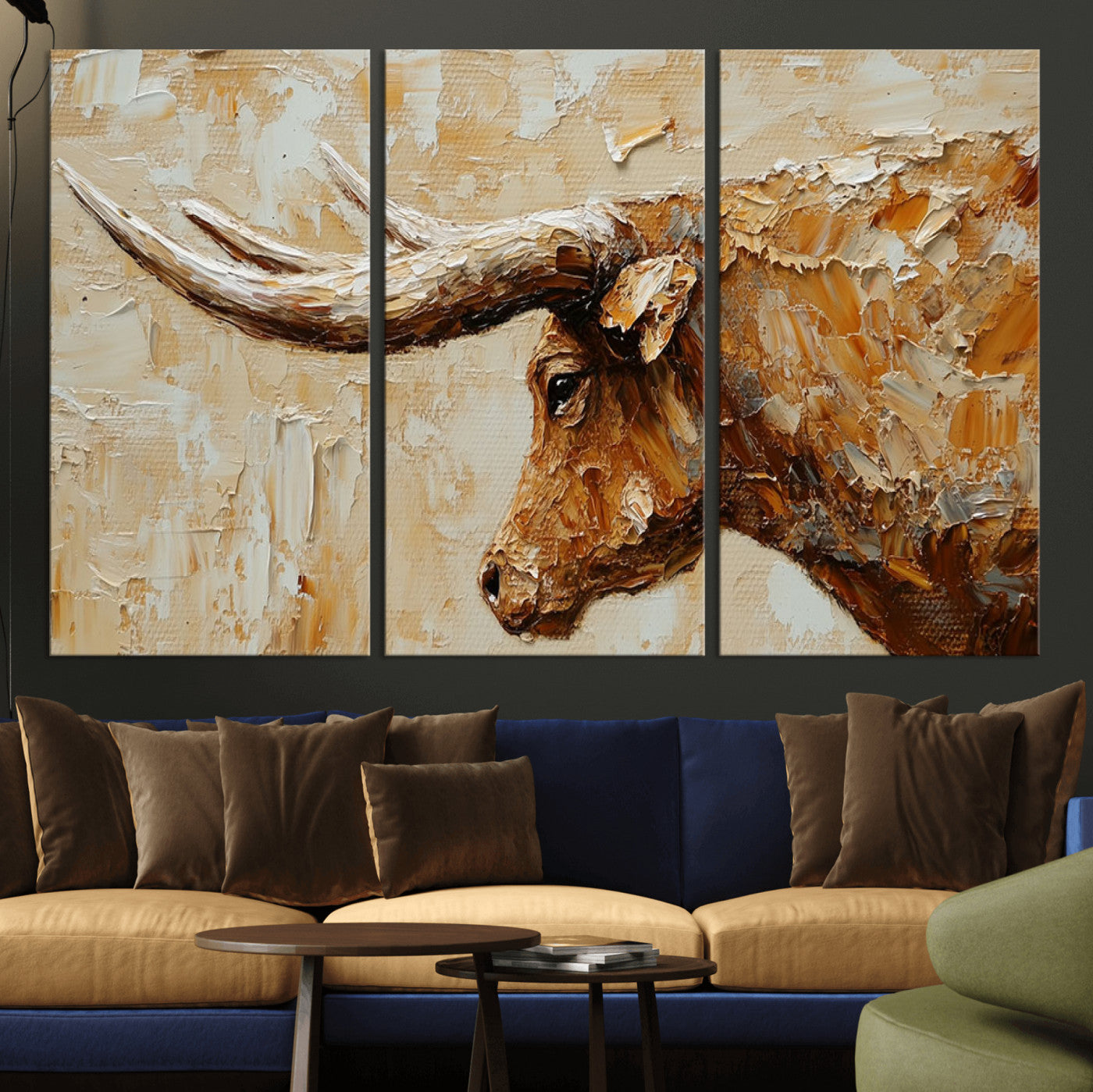 MGV-CV-48X32-3P - Rustic Longhorn Bull Wall Art Canvas Print – Vintage Western Cattle Painting, Texas Steer Artwork