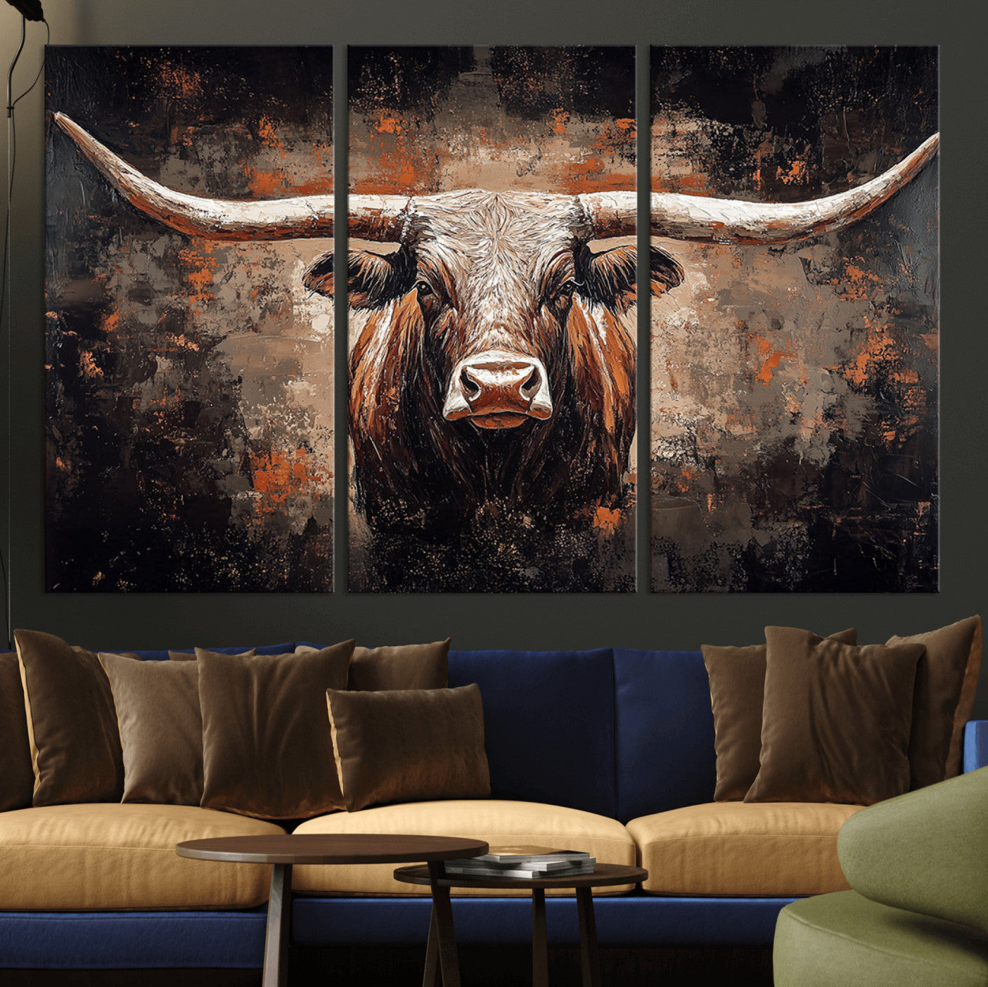 MGV-CV-48X32-3P - Rustic Longhorn Bull Wall Art Canvas Print – Vintage Western Cattle Painting, Texas Steer Artwork Print