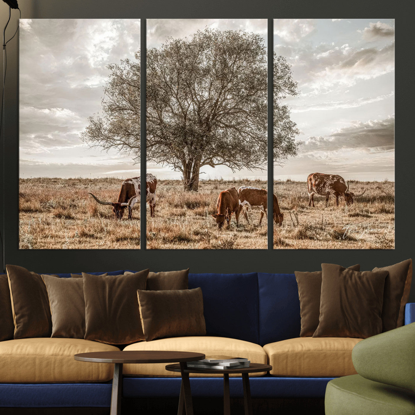 87590224-MGV-CV-36X24-Texas Longhorn Cattle Wall Art, Rustic Western Ranch Canvas Print, Steers at Sunset Artwork for Home, Office