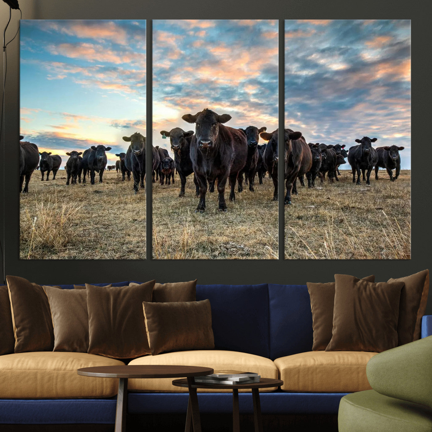 13867292-MGV-CV-36X24-Texas Longhorn Cattle Wall Art Canvas Print – Rustic Western Ranch Scene with Steers Sunset for Home, Office