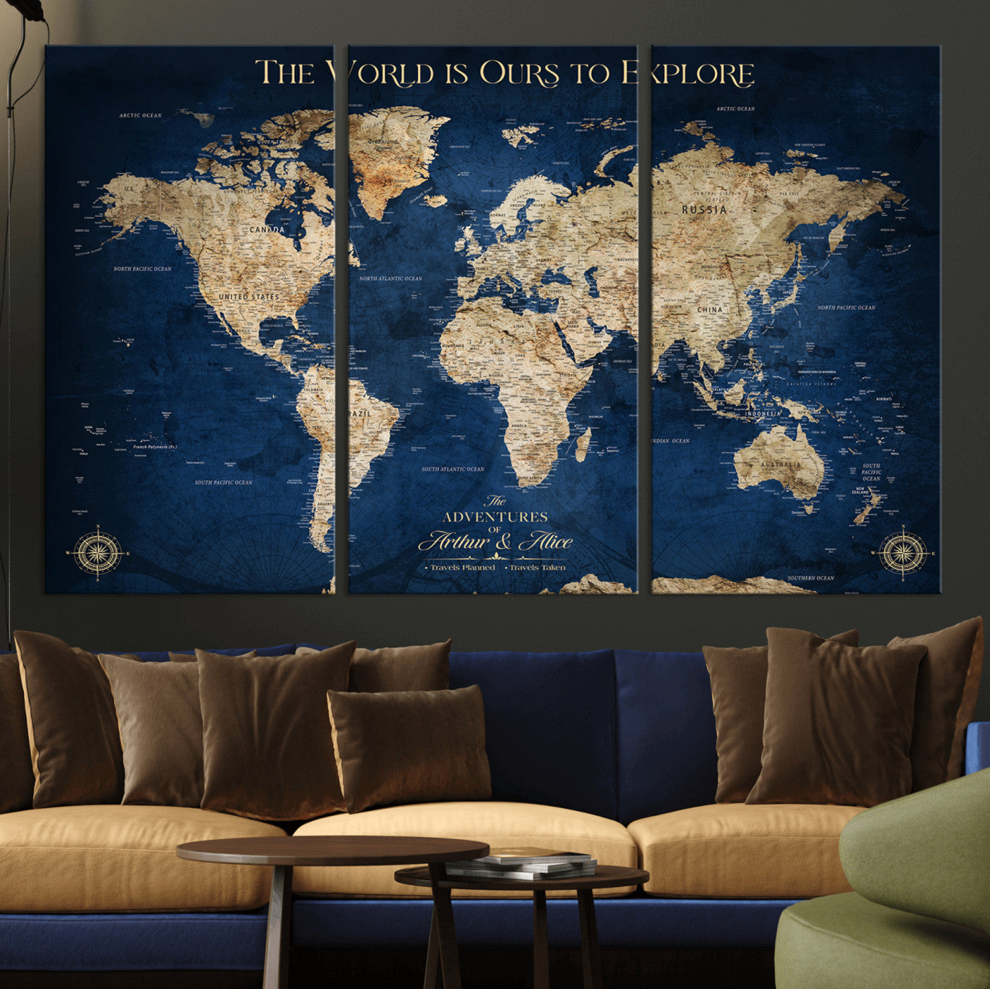 10181149-MGV-CV-36X24-Custom Push Pin World Map Wall Canvas Print – Personalized Travel Tracker with Pins – Framed Large Multi-Size Canvas for Home Office Decor