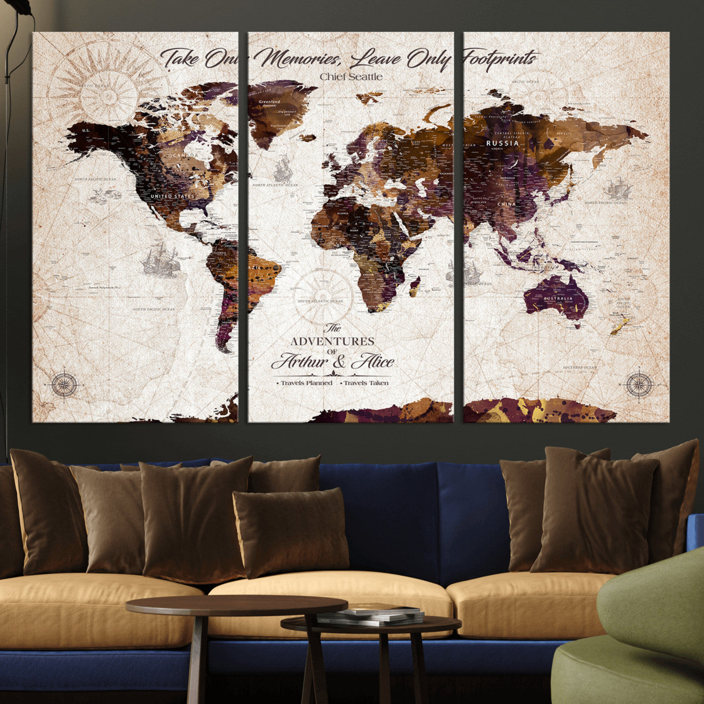 -Personalized World Map Canvas – Custom Framed Push Pin Travel Tracker, Elegant Wall Art Gift for Couples for Home, Office