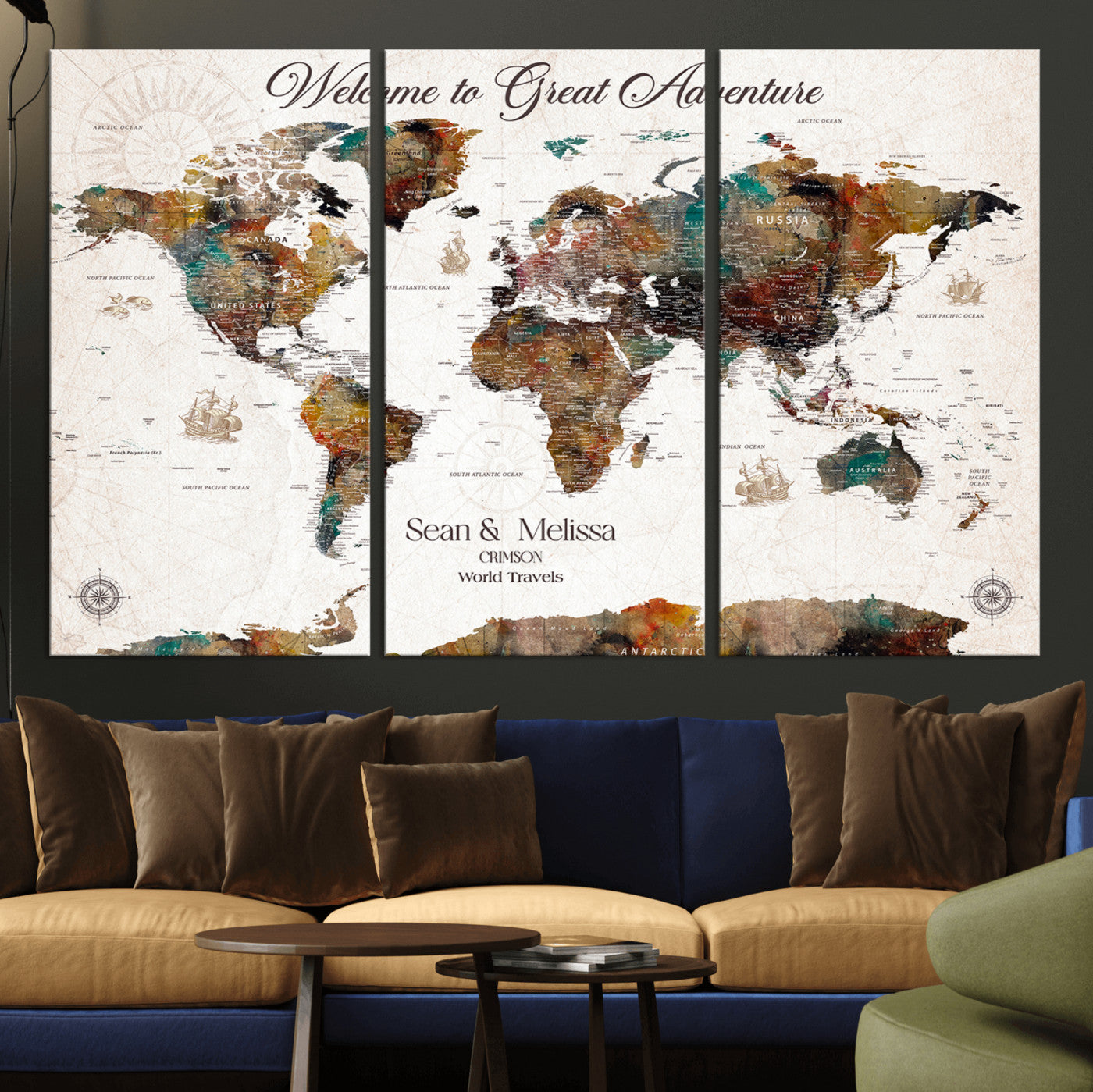 92462592-MGV-CV-36X24-Customize Push Pin World Map Wall Canvas Print – Personalizable Travel World Map with Pins – Framed Personalized Map Print for Couple Gift