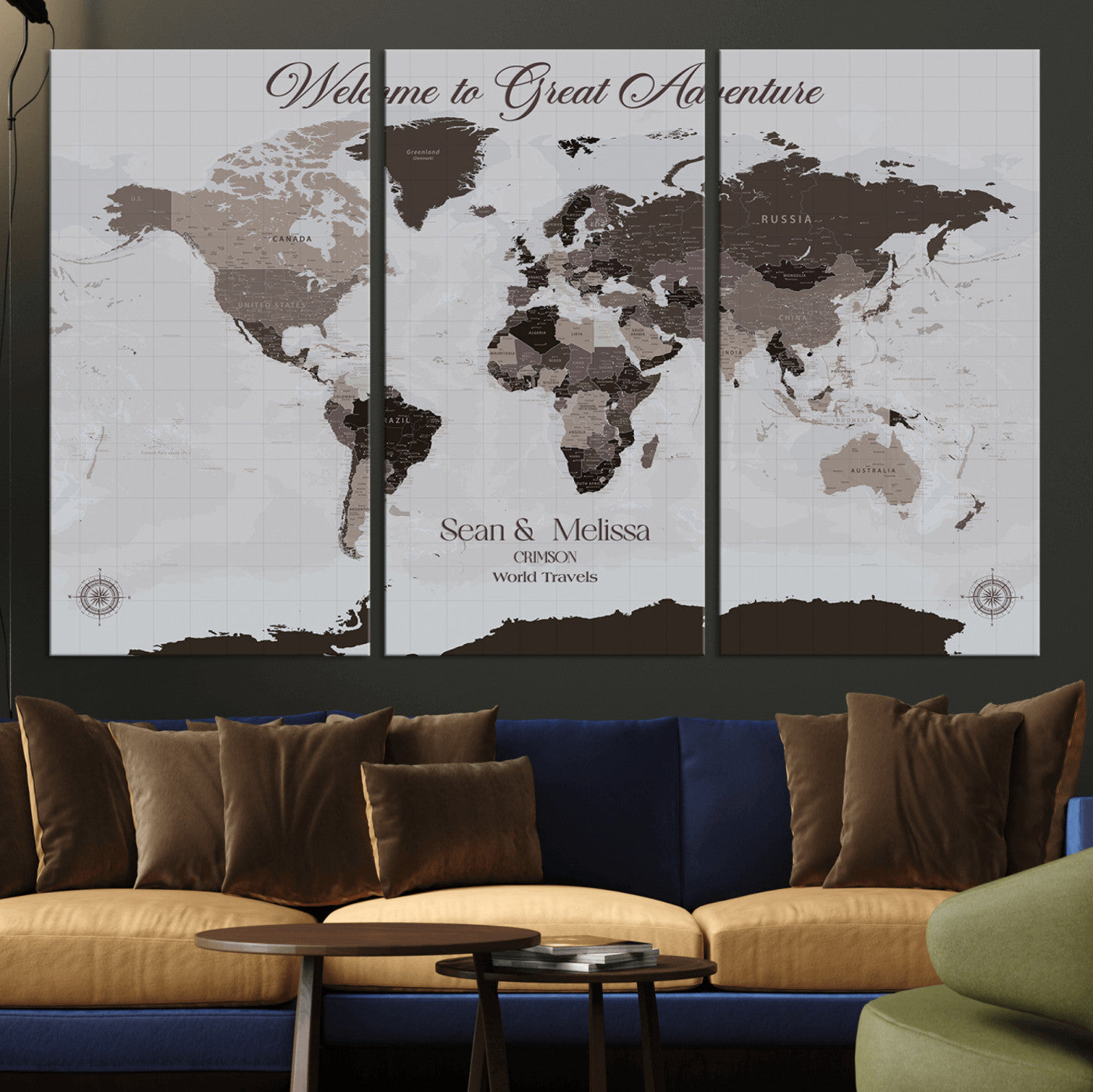 -Personalized Gray Brown World Map Canvas Custom Framed Push Pin Travel Tracker Modern Neutral Wall Art Gift Couples for Home, Office