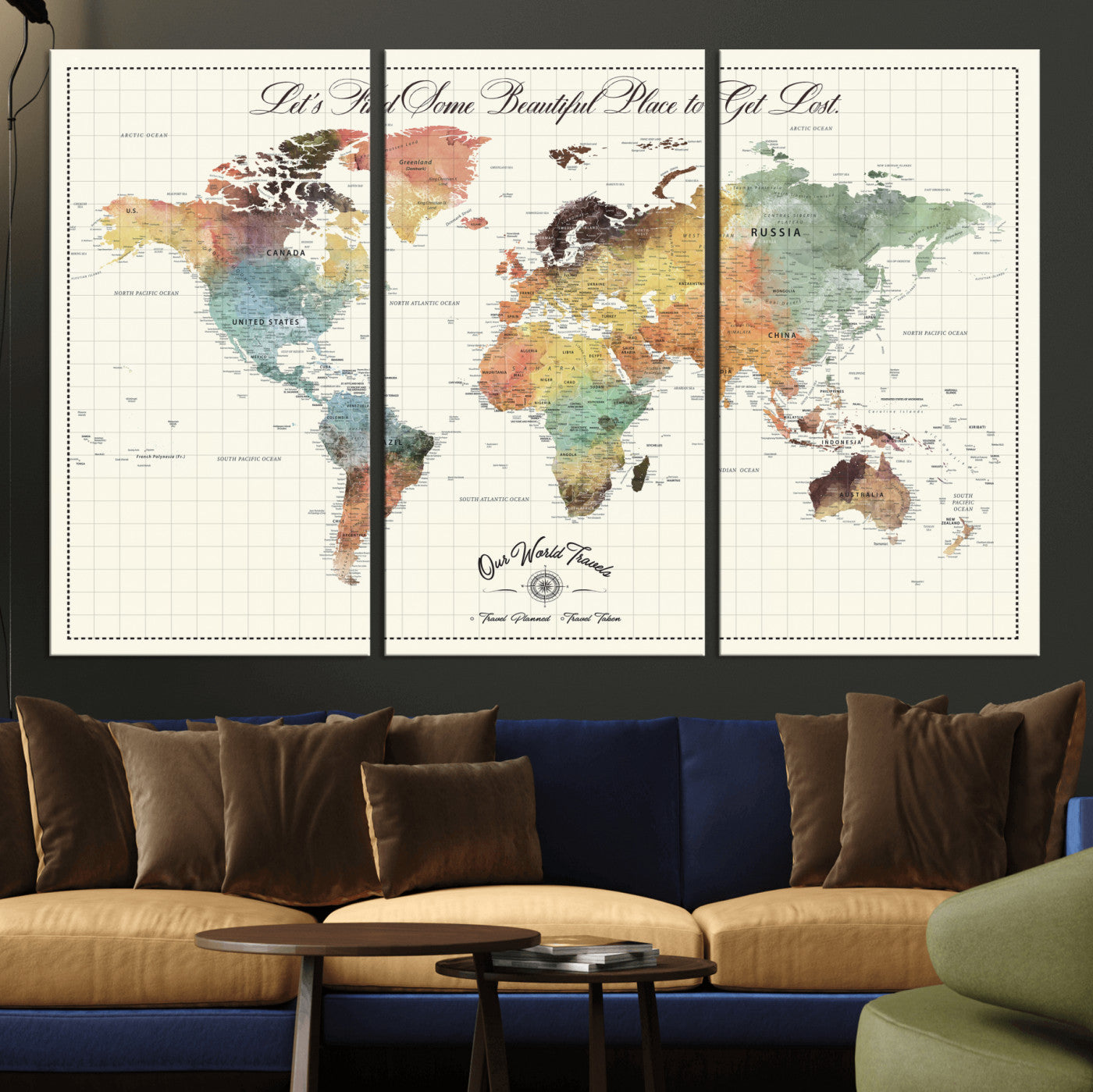 Rehber01-MGV-CV-36X24-Personalized Push Pin World Map Canvas Print – Custom Adventure Travel Tracker Map, Framed Wall Art Gift for Couples or Family