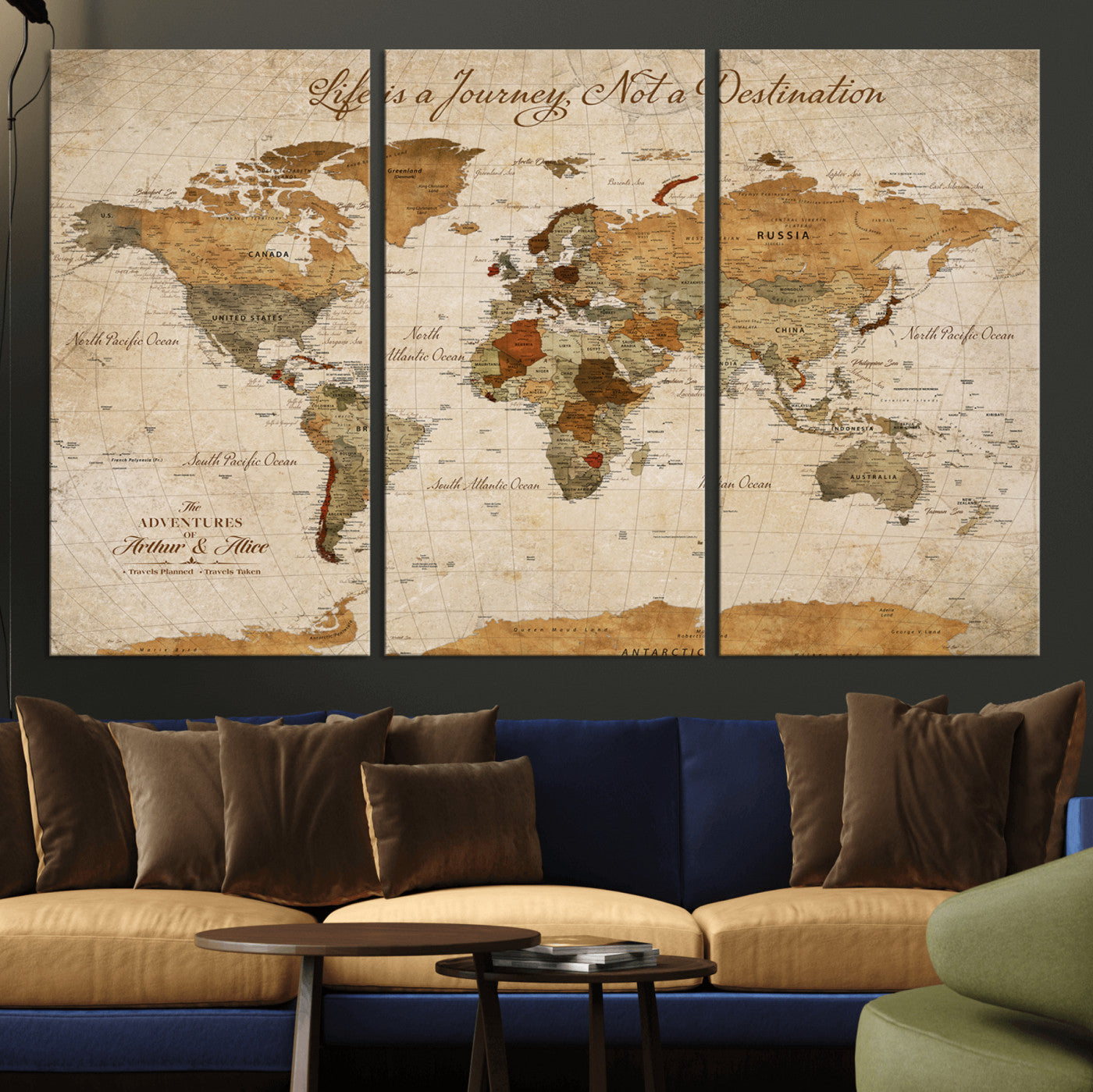 Rehber01-MGV-CV-36X24-Personalized Vintage World Map Canvas – Custom Framed Push Pin Travel Map Wall Art, Rustic Gift for Couples and Travel Lovers