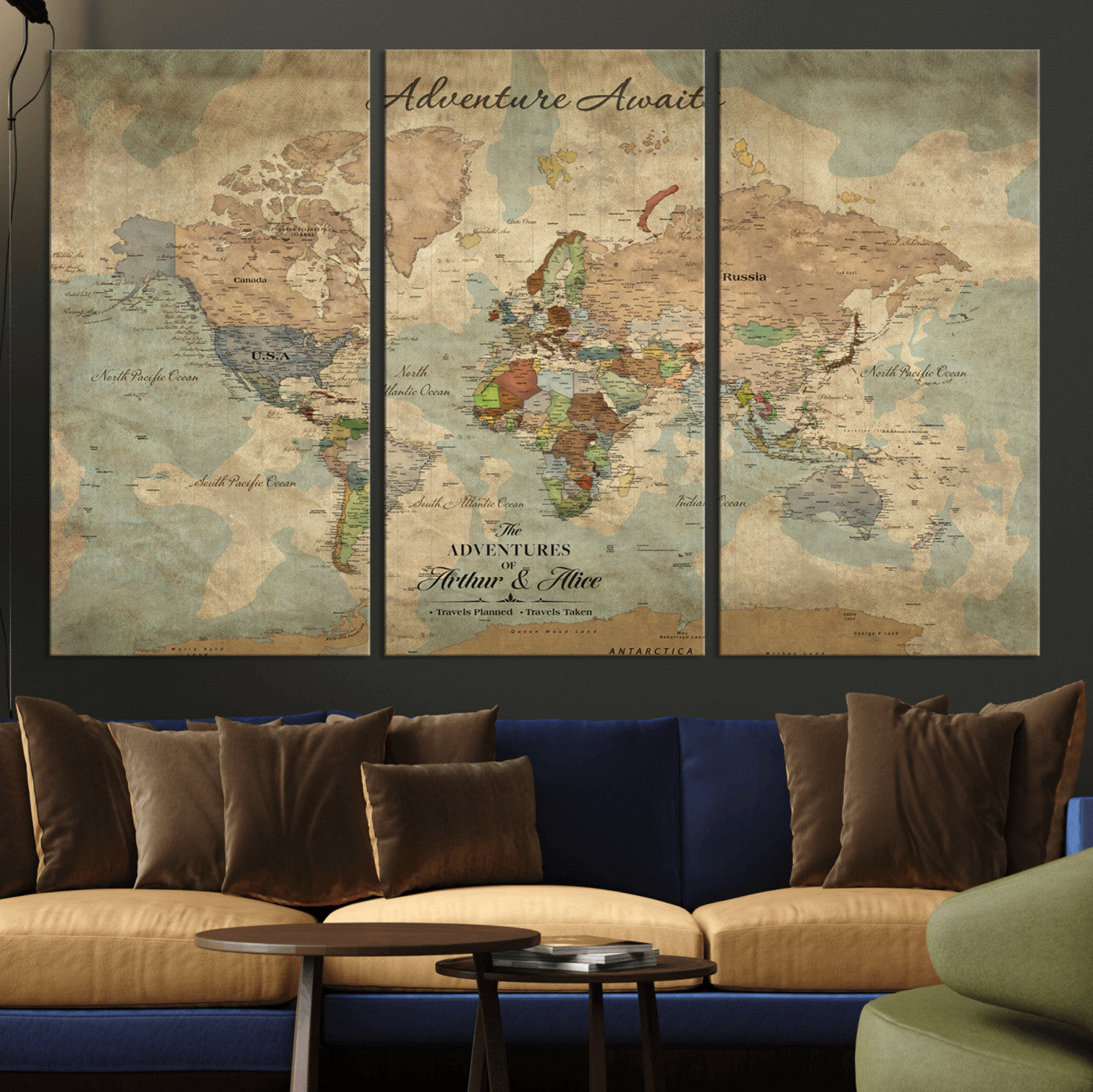 Rehber01-MGV-CV-36X24-Personalized Vintage World Map Canvas Print – Custom Push Pin Travel Map Antique Style Gift for Couples Travelers for Home Office