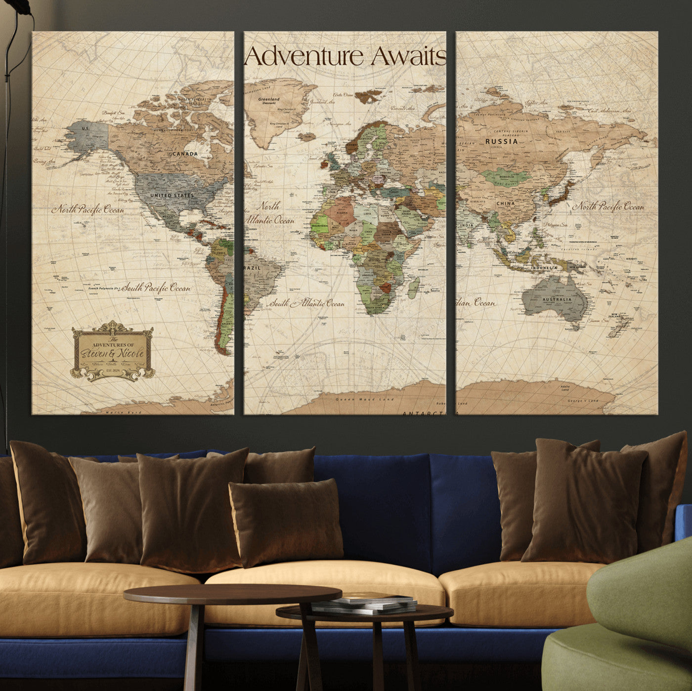 33020399-MGV-CV-30X20-Custom Push Pin World Map Wall Canvas Print – Personalized Travel Tracker with Pins – Framed Custom Quotie Canvas for Home Office Decor