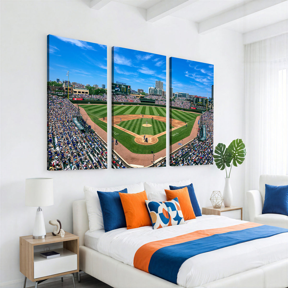 35800083-MGV-CV-36X24 - Wrigley Field Baseball Stadium Canvas Wall Art, Packed Crowd and Chicago Skyline