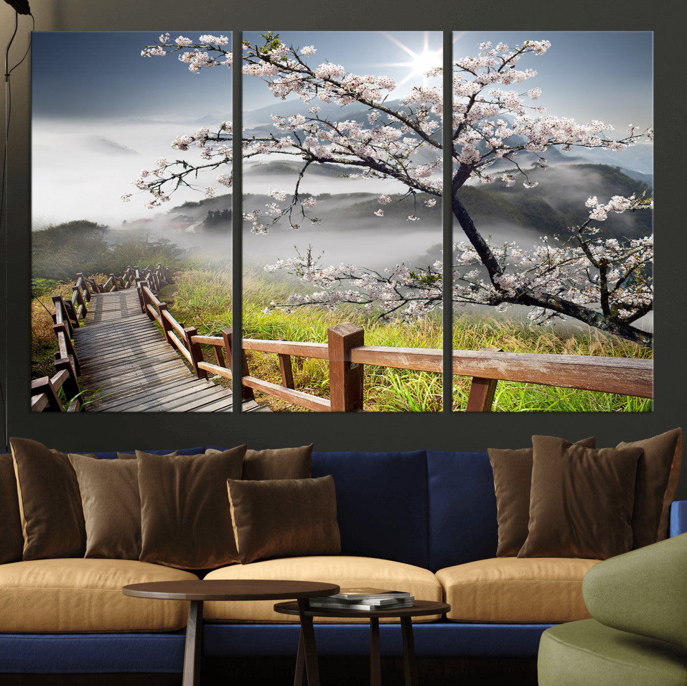 MGV-CV-48X32-3P - Sakura Cherry Blossom Pathway Canvas Wall Art – Tranquil Walk Through Blossoming Nature – Ready to