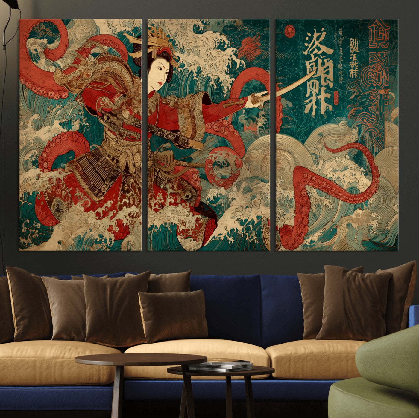 MGV-CV-48X32-3P - Tsukioka Yoshitoshi Samurai Wall Art Print, Japanese Katana Warrior Canvas Wall Art, Octopus Sea Monster Canvas Print,