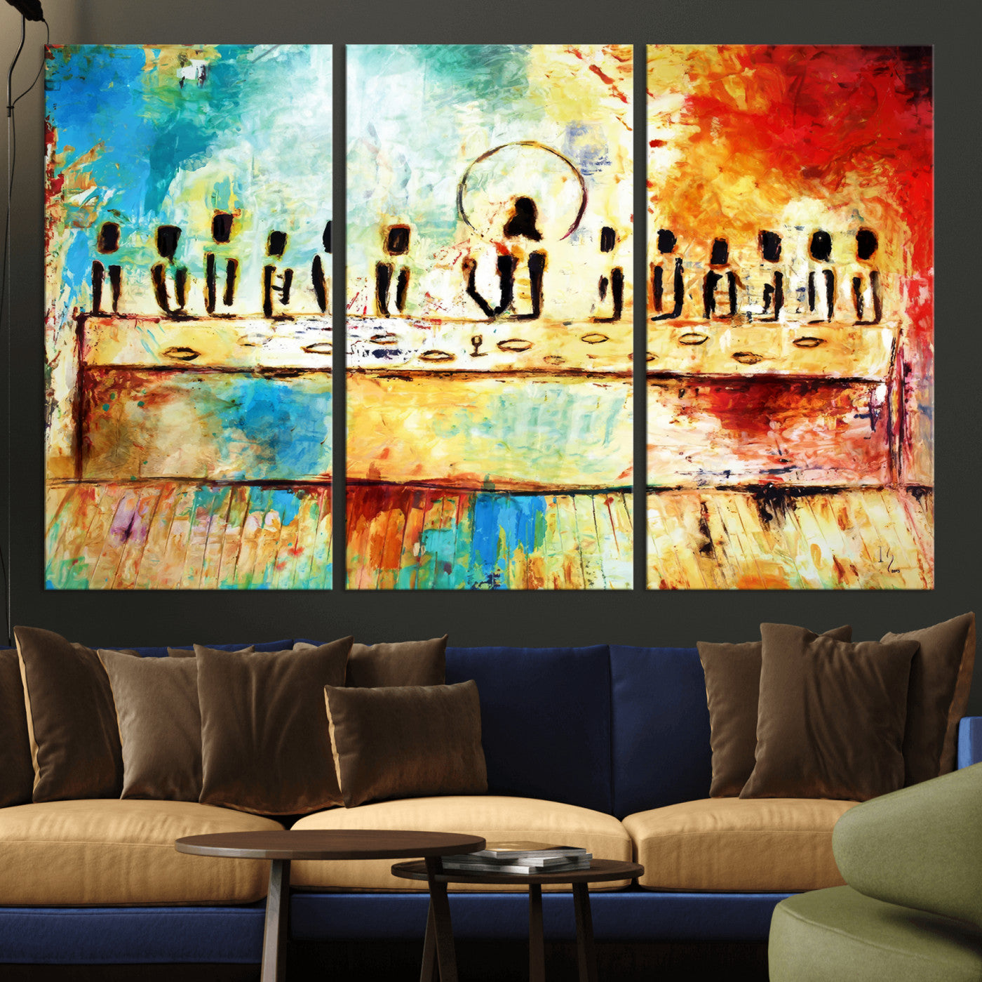 YKE34632598CR-MGV-CV-36X24-Abstract Last Supper Wall Art Canvas Print – Apostles Gathering Modern Spiritual Colorful Artwork for home, office