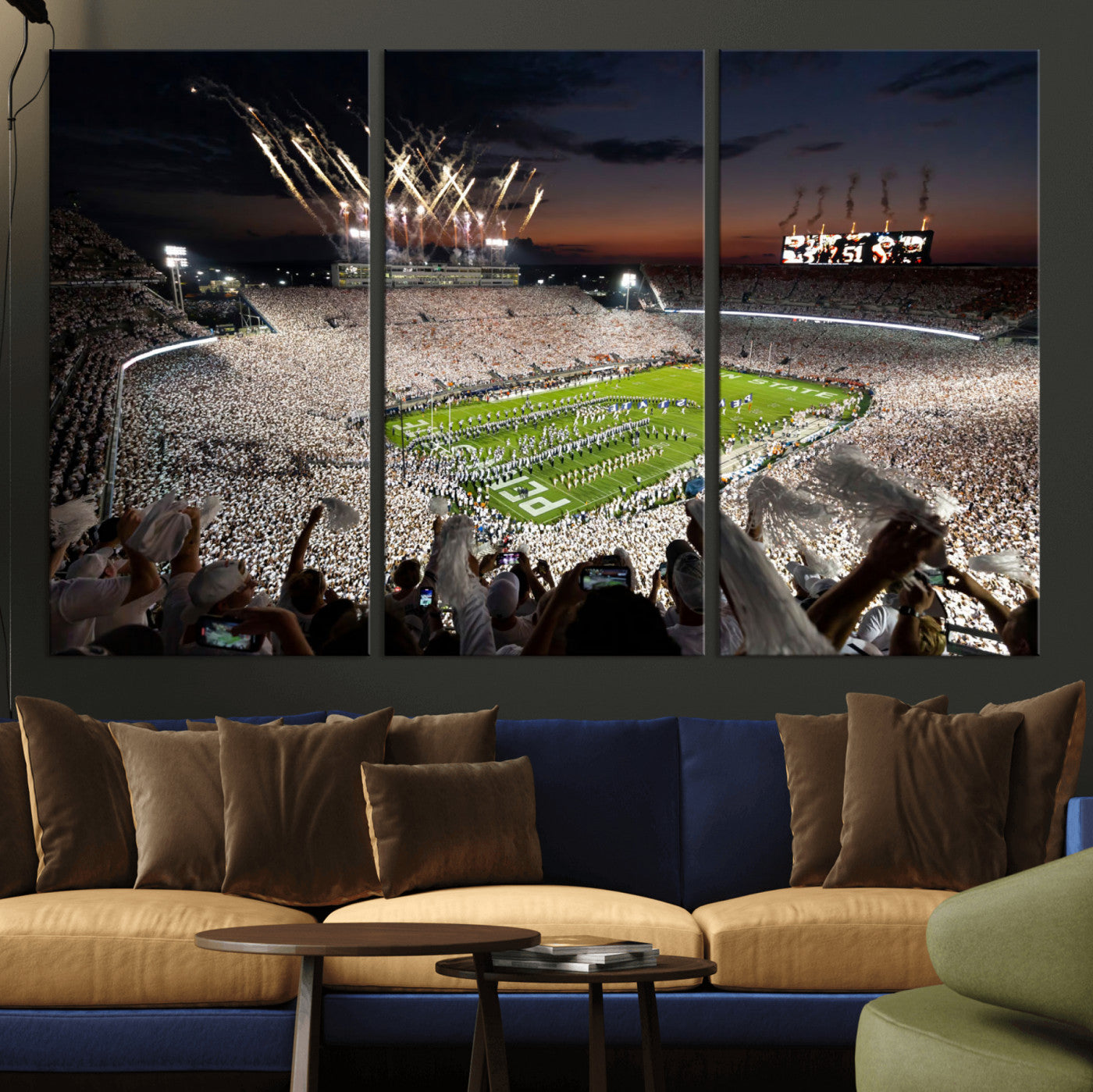 Penn State Stadium Wall Art Print, White Out Football Game Canvas Wall Art, Framed Sports Stadium, Large College Football Canvas Print for Game Room - Man Cave + 555