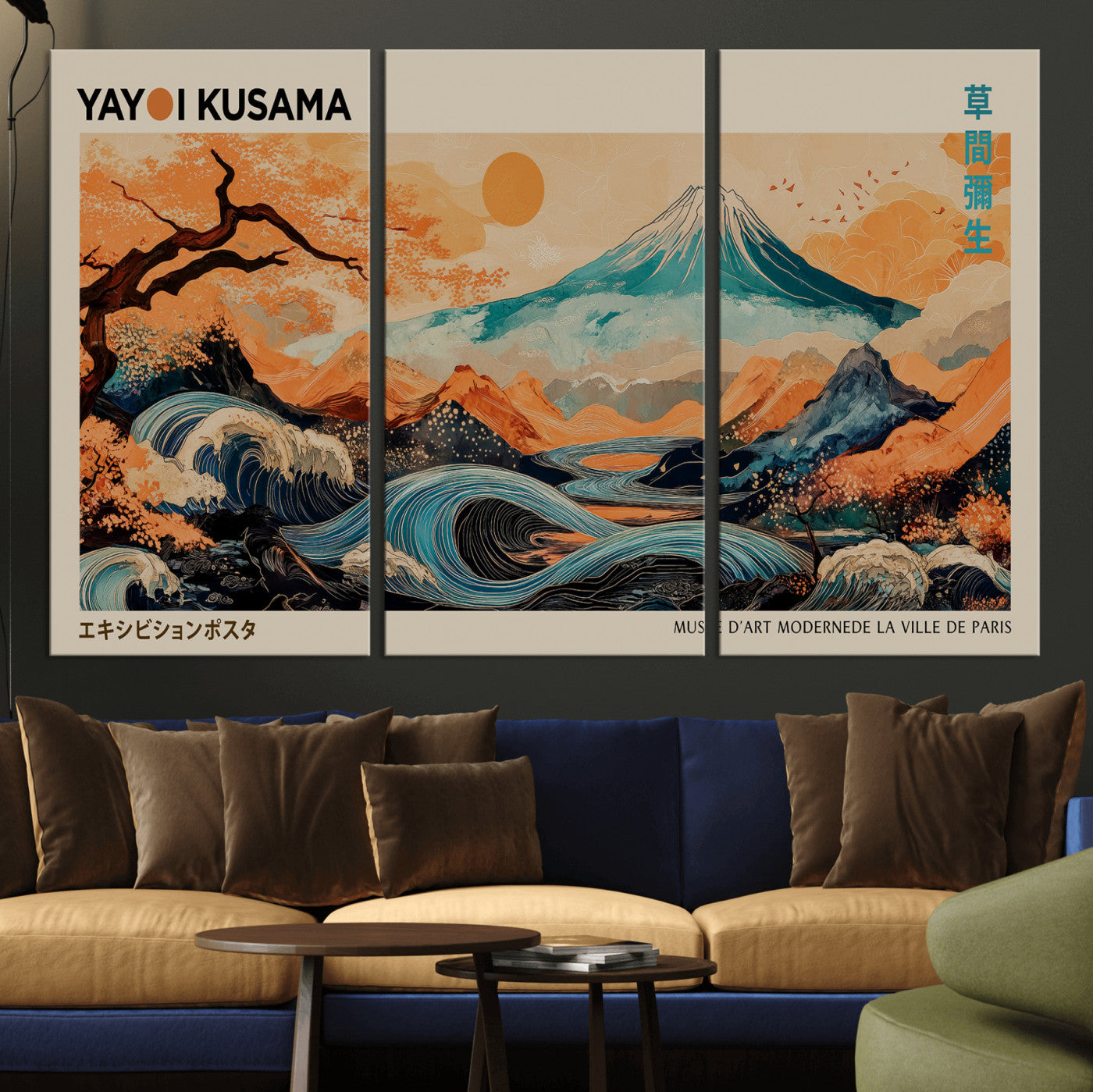 94085549-MGV-CV-36X24 - Yayoi Kusama Japanese Landscape Wall Art Canvas Print – Modern Abstract Mount Fuji Wall Art - Japanese Waves & Autumn Trees Print