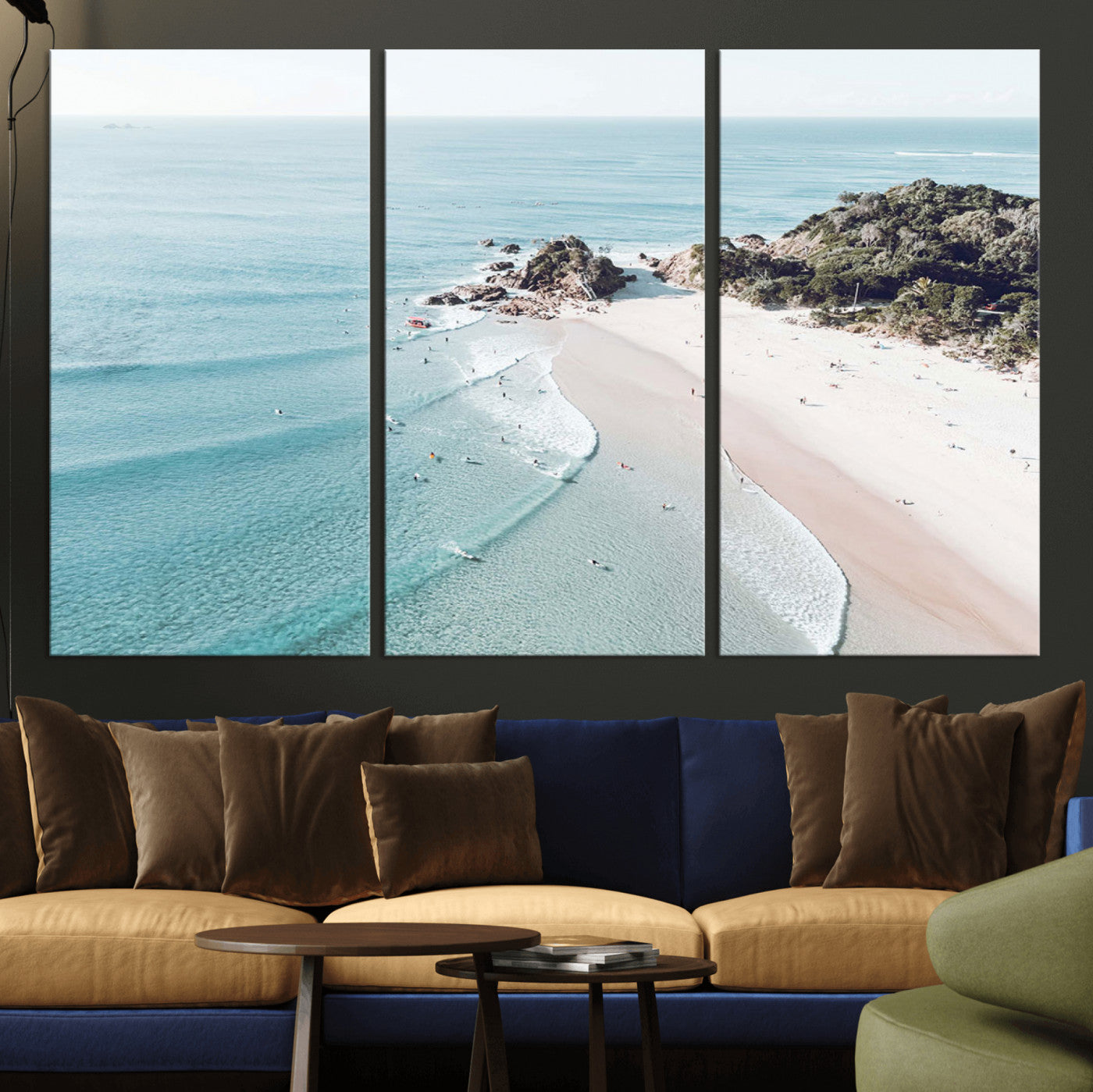 79395467-MGV-CV-36X24 - Aerial Beach Wall Art Canvas Print, Coastal Ocean Waves and Surfers Scenic Seaside Artwork for Home, Office Decor